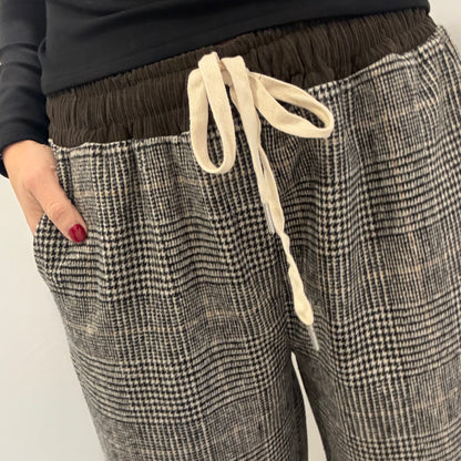 CHECKED WIDE-LEG TROUSERS WITH CHOCOLATE WAISTBAND