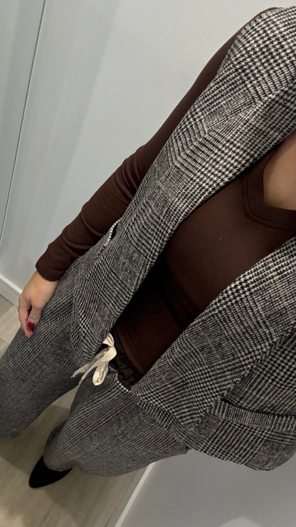 CHECKED WIDE-LEG TROUSERS WITH CHOCOLATE WAISTBAND
