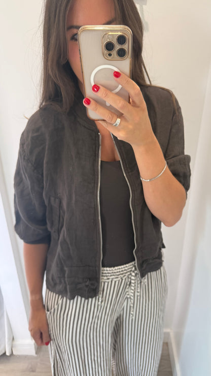 CHOCOLATE BROWN LINEN BOMBER JACKET