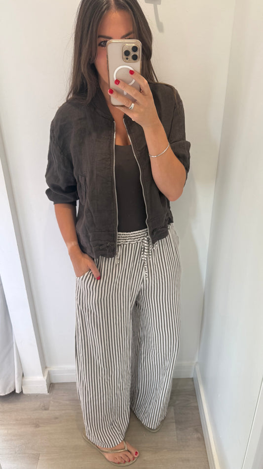 CHOCOLATE BROWN LINEN BOMBER JACKET