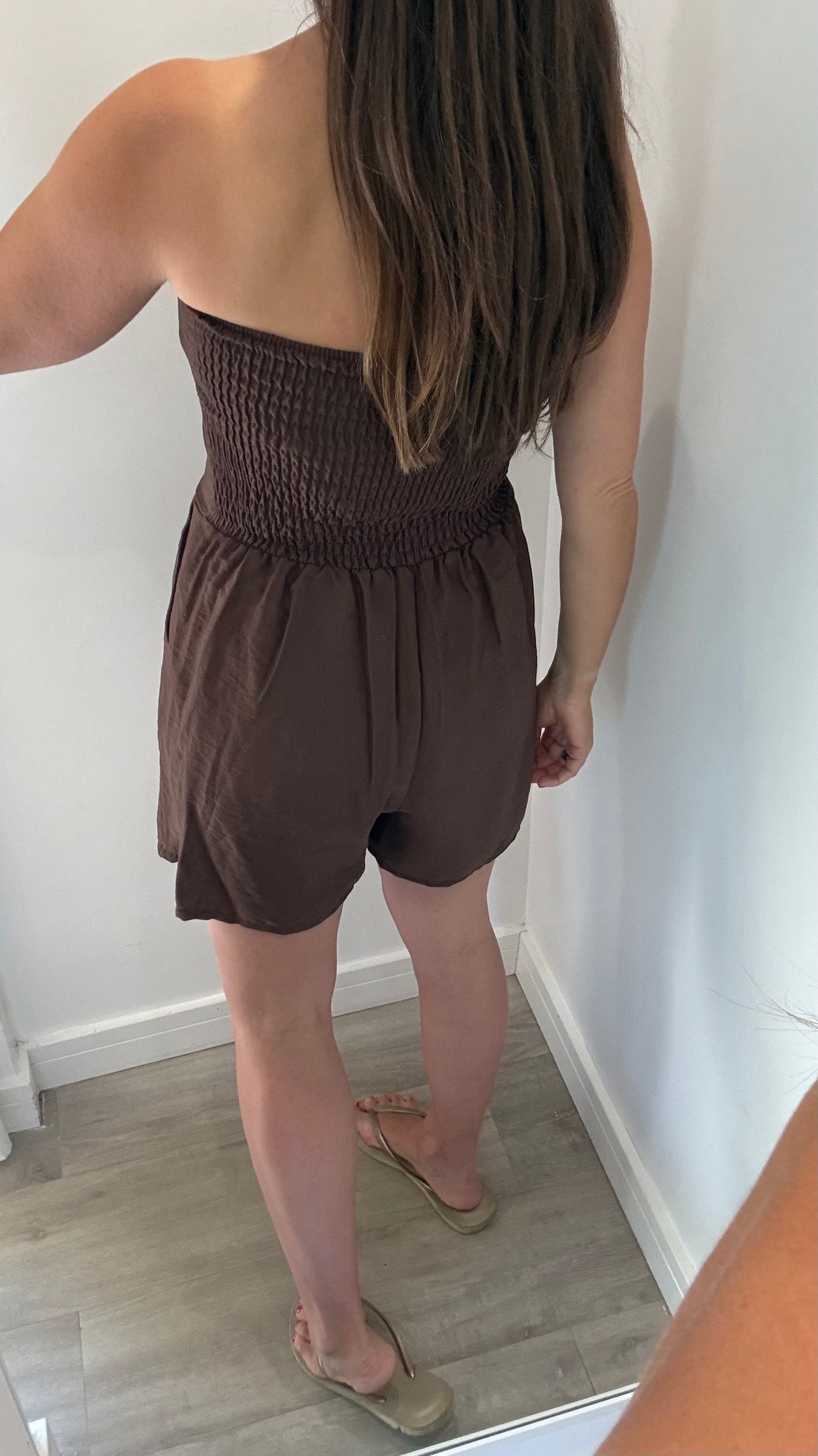 CHOCOLATE BROWN MILITARY DETAIL BANDEAU PLAYSUIT