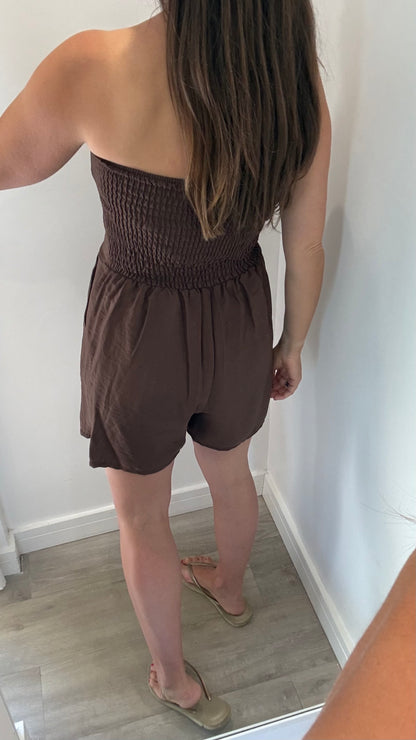CHOCOLATE BROWN MILITARY DETAIL BANDEAU PLAYSUIT