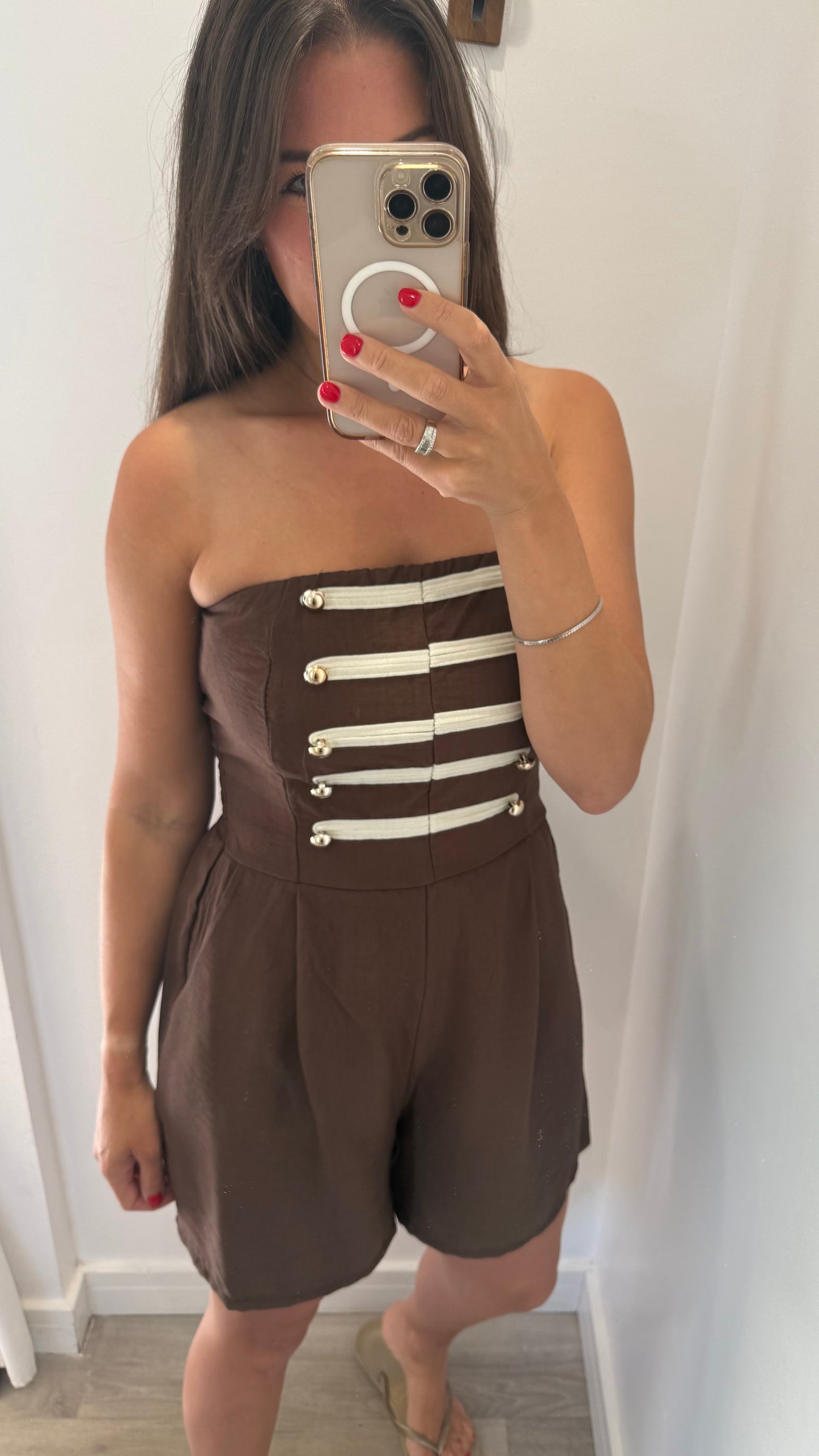 CHOCOLATE BROWN MILITARY DETAIL BANDEAU PLAYSUIT