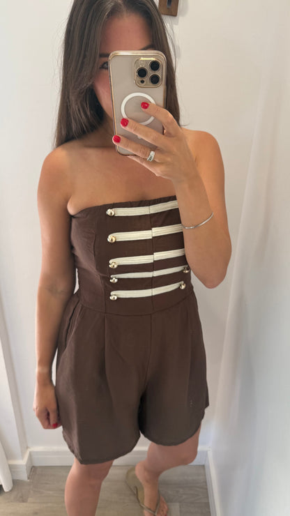 CHOCOLATE BROWN MILITARY DETAIL BANDEAU PLAYSUIT