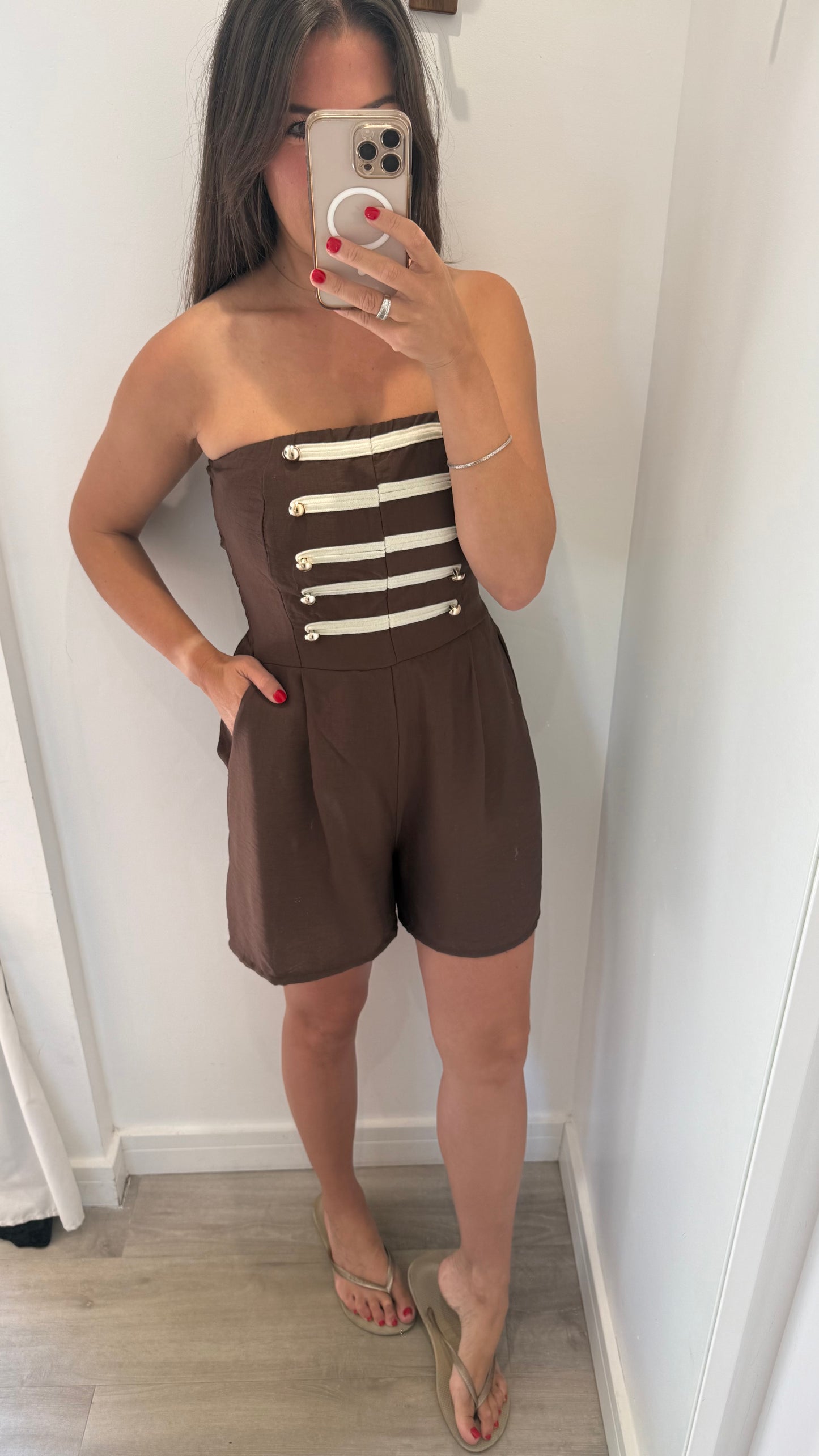 CHOCOLATE BROWN MILITARY DETAIL BANDEAU PLAYSUIT