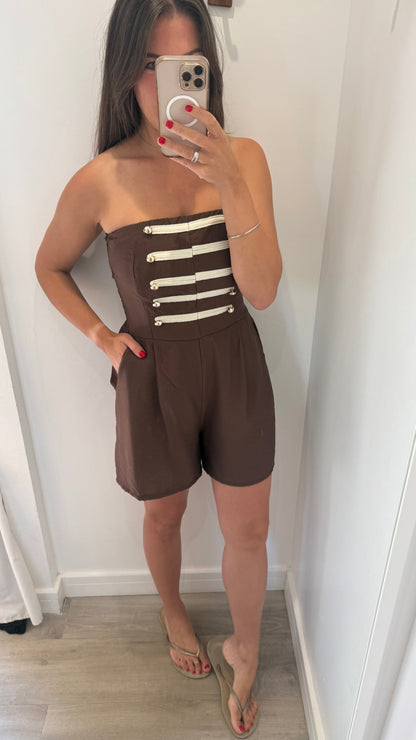 CHOCOLATE BROWN MILITARY DETAIL BANDEAU PLAYSUIT