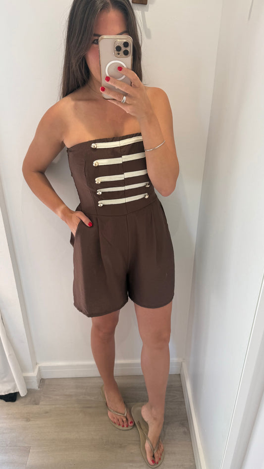 CHOCOLATE BROWN MILITARY DETAIL BANDEAU PLAYSUIT