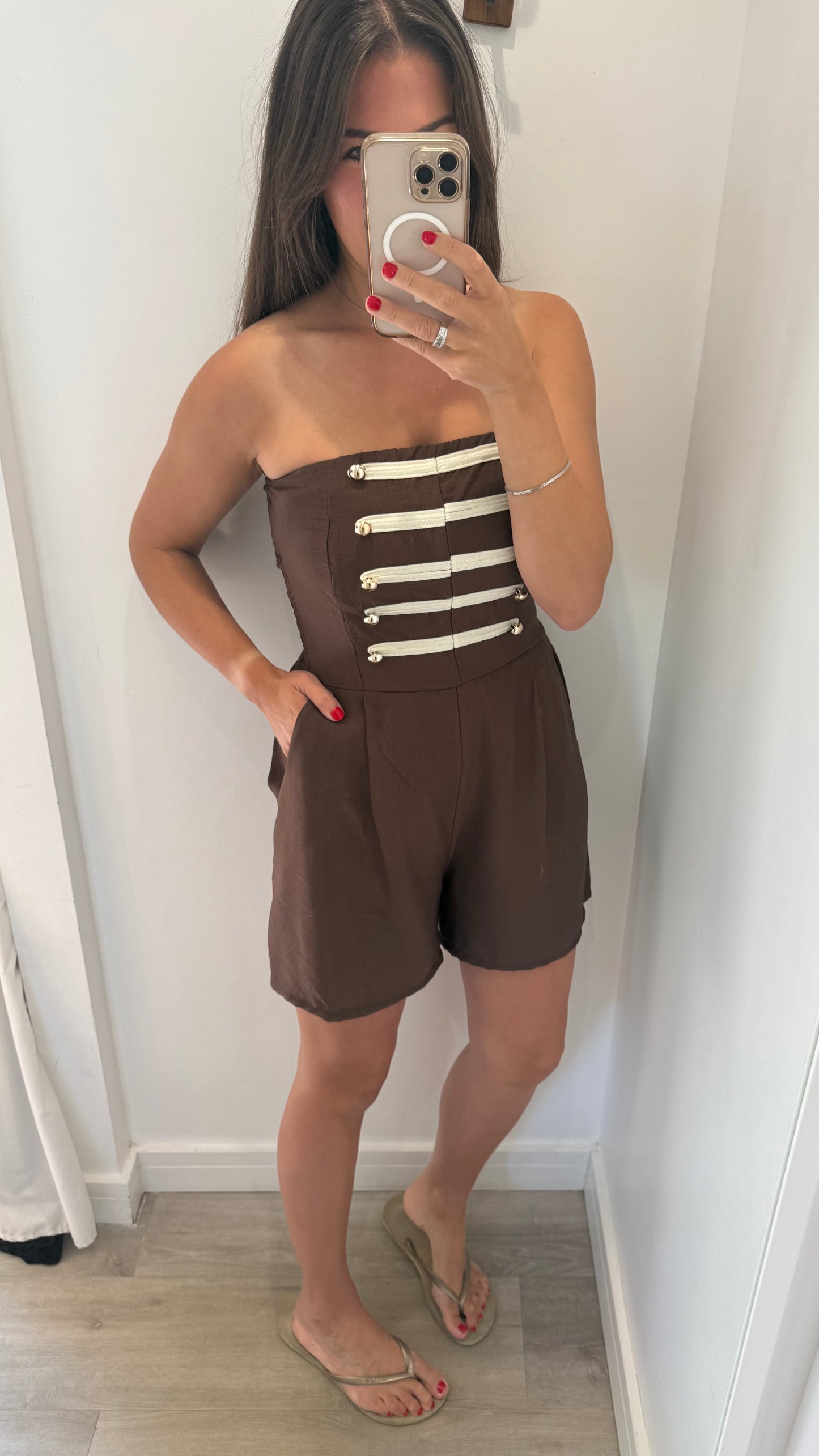 CHOCOLATE BROWN MILITARY DETAIL BANDEAU PLAYSUIT