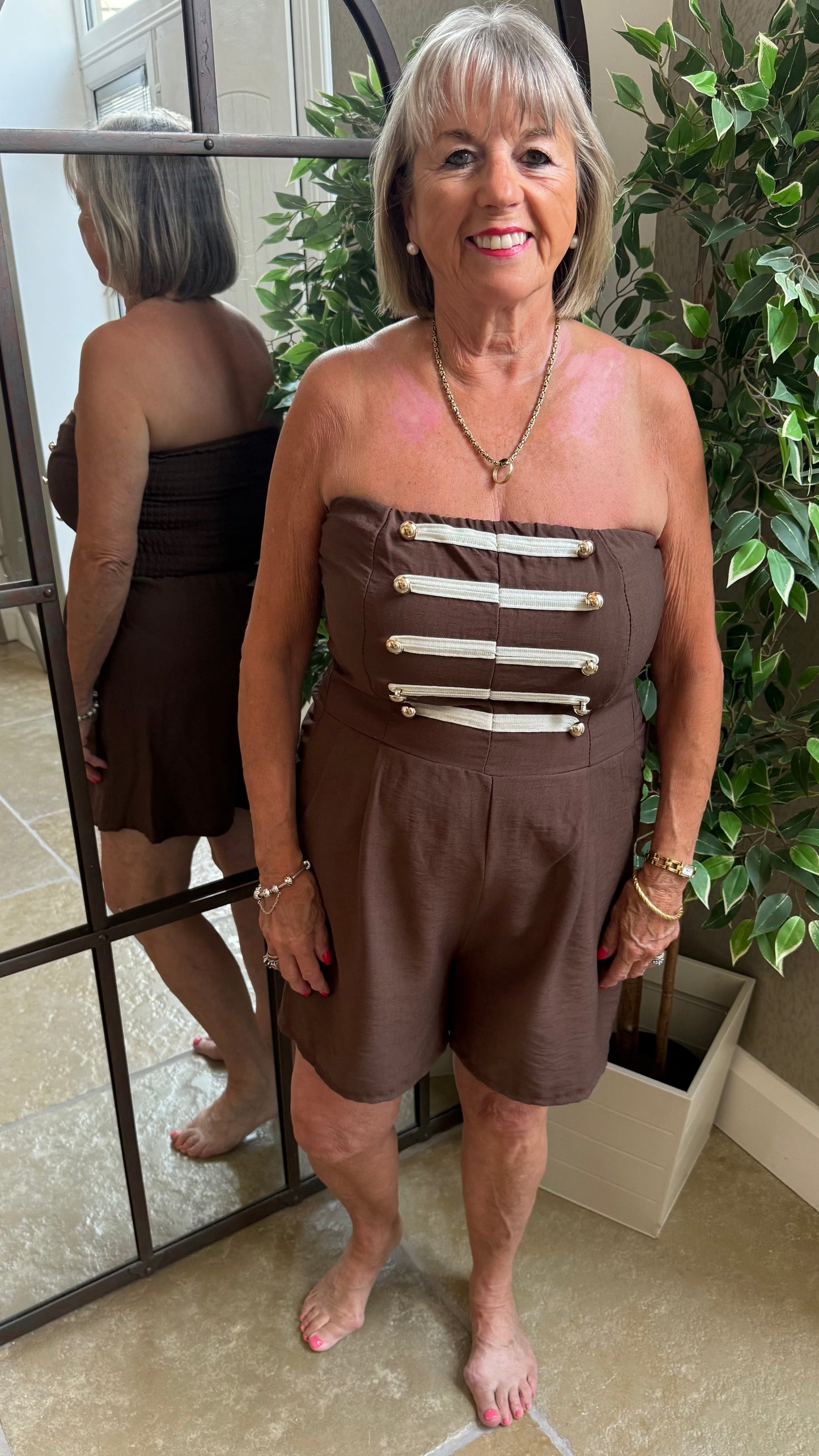 CHOCOLATE BROWN MILITARY DETAIL BANDEAU PLAYSUIT