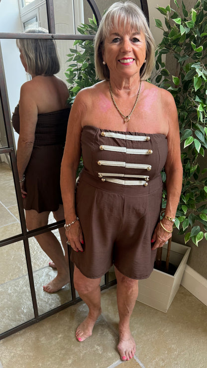 CHOCOLATE BROWN MILITARY DETAIL BANDEAU PLAYSUIT