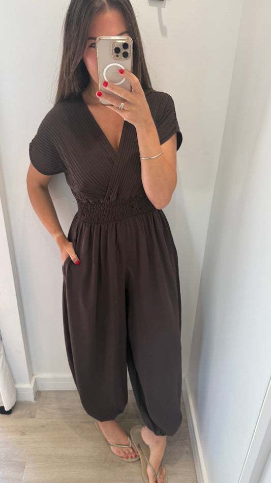 CHOCOLATE BROWN RIBBED HAREM JUMPSUIT