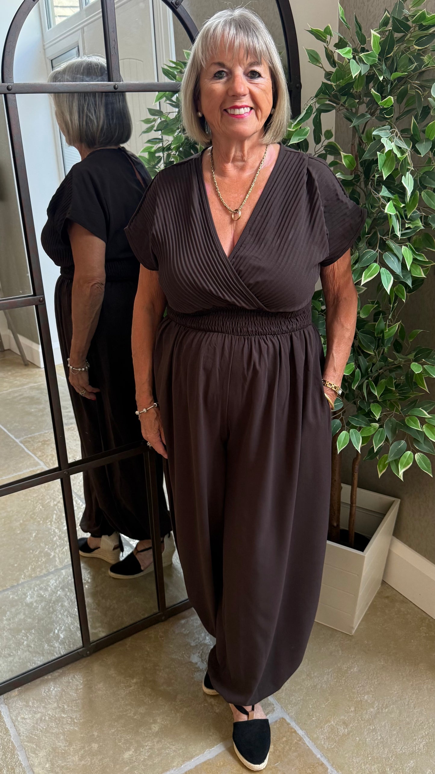 CHOCOLATE BROWN RIBBED HAREM JUMPSUIT