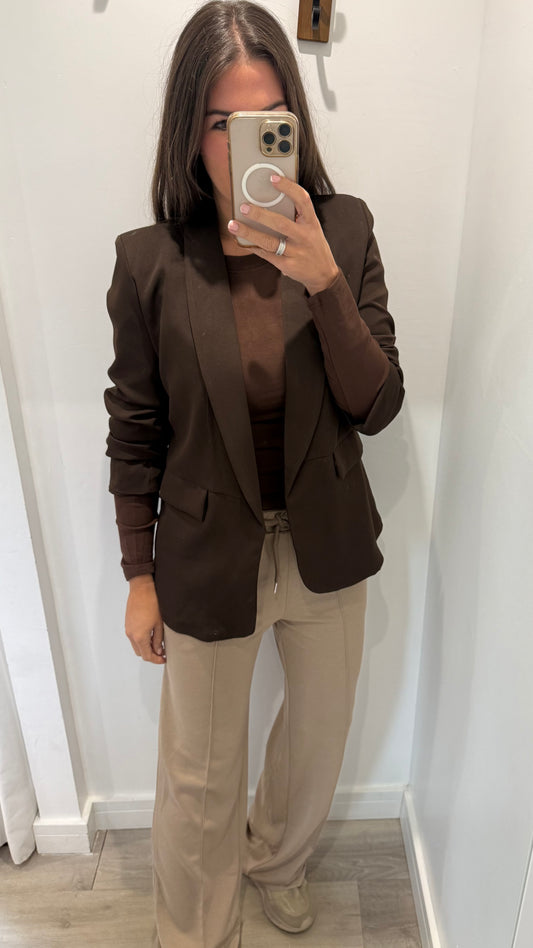 CHOCOLATE BROWN RUCHED SLEEVE BLAZER
