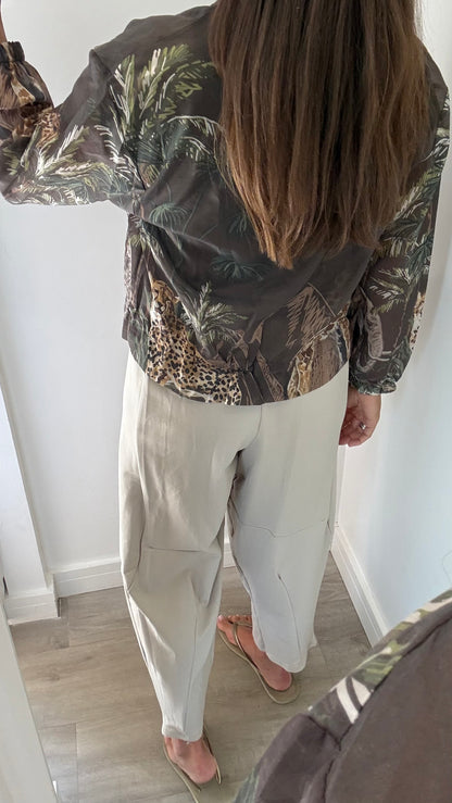 CHOCOLATE BROWN SAFARI PRINT SILKY BOMBER JACKET
