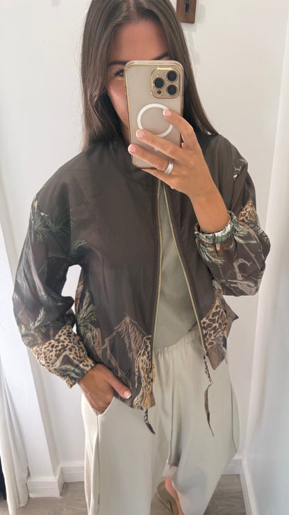 CHOCOLATE BROWN SAFARI PRINT SILKY BOMBER JACKET