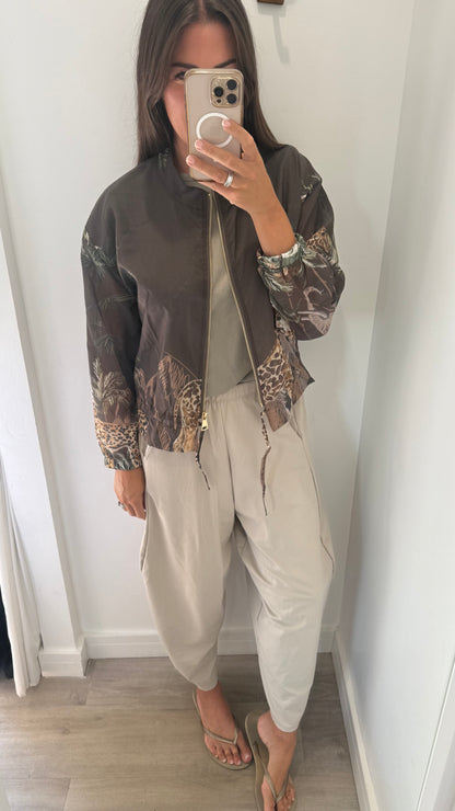 CHOCOLATE BROWN SAFARI PRINT SILKY BOMBER JACKET
