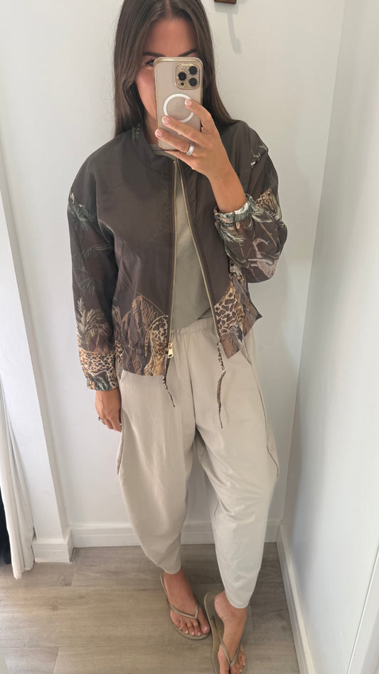 CHOCOLATE BROWN SAFARI PRINT SILKY BOMBER JACKET