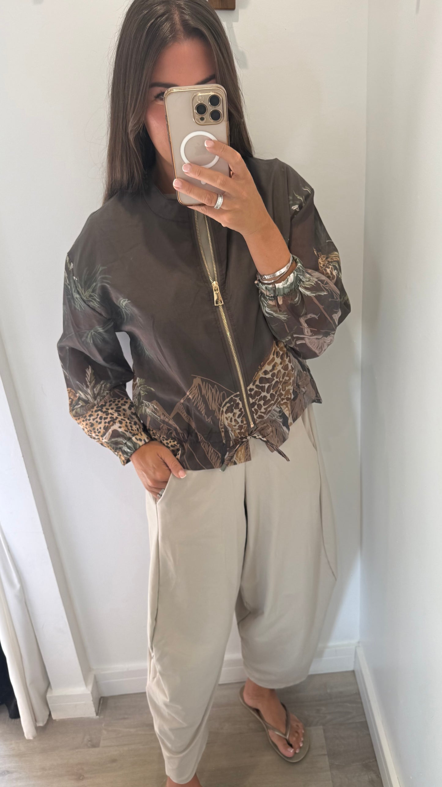 CHOCOLATE BROWN SAFARI PRINT SILKY BOMBER JACKET