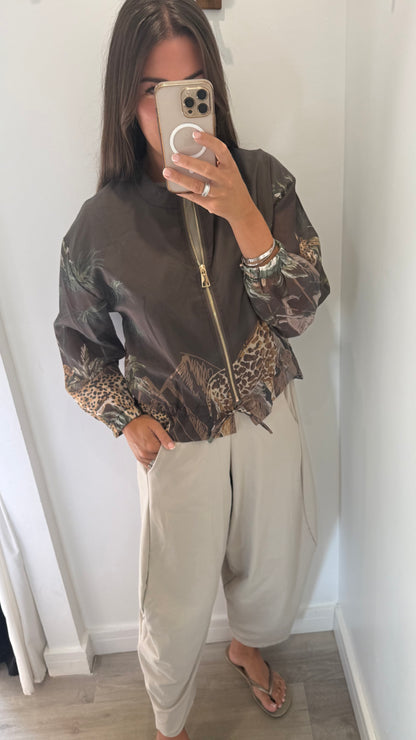 CHOCOLATE BROWN SAFARI PRINT SILKY BOMBER JACKET