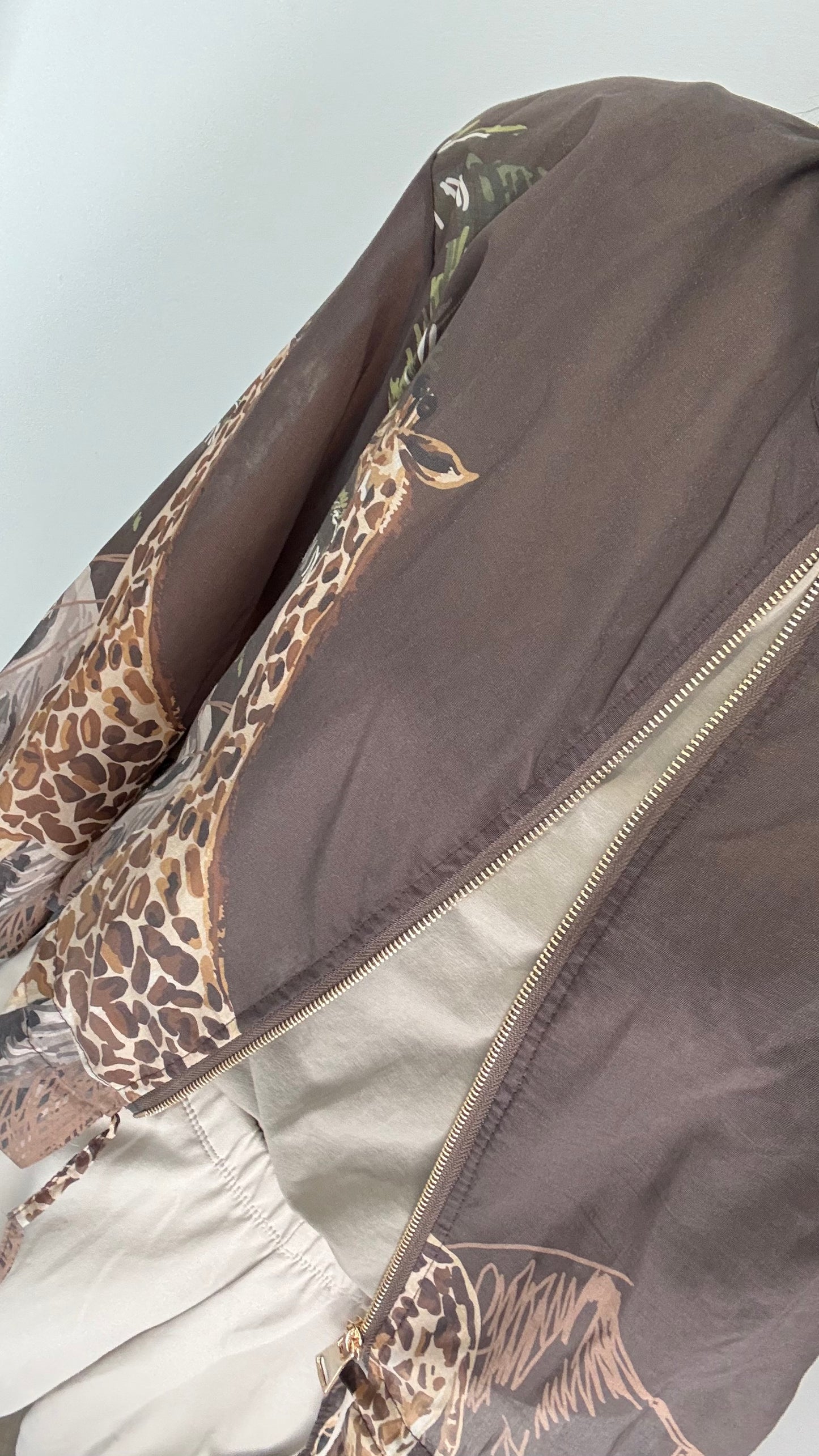 CHOCOLATE BROWN SAFARI PRINT SILKY BOMBER JACKET