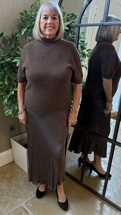 CHOCOLATE BROWN SATIN BIAS-CUT SLIP SKIRT