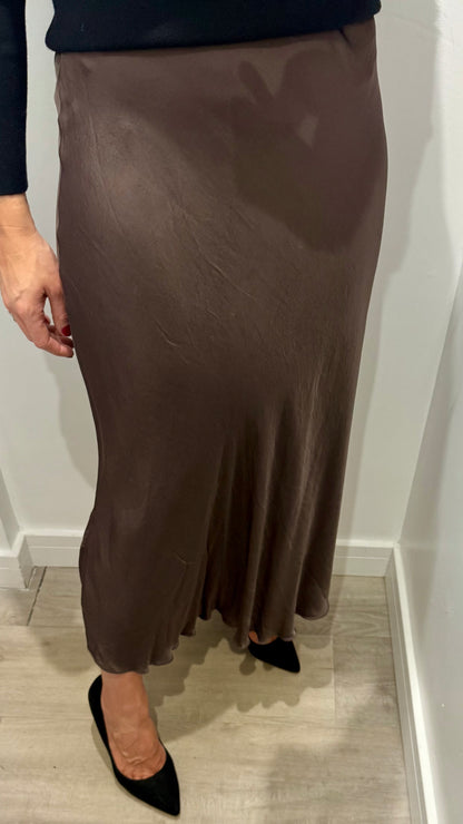 CHOCOLATE BROWN SATIN BIAS-CUT SLIP SKIRT