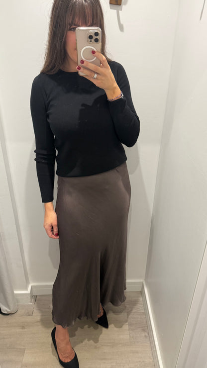 CHOCOLATE BROWN SATIN BIAS-CUT SLIP SKIRT