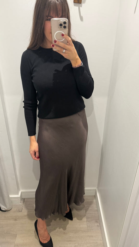 CHOCOLATE BROWN SATIN BIAS-CUT SLIP SKIRT