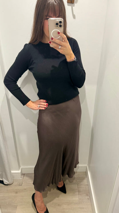 CHOCOLATE BROWN SATIN BIAS-CUT SLIP SKIRT