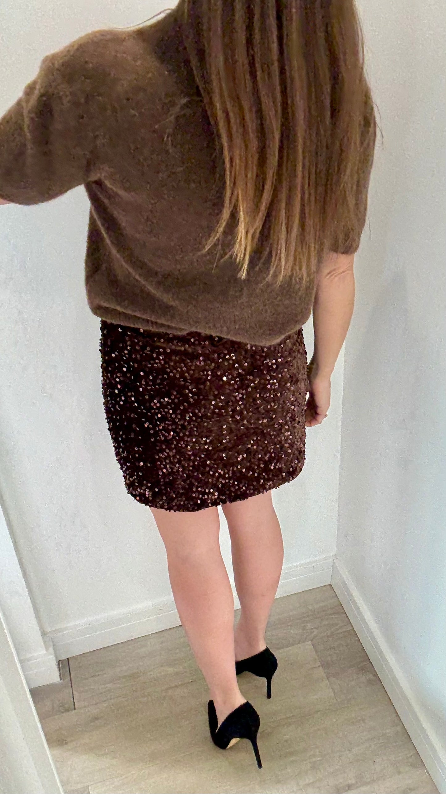 CHOCOLATE BROWN SEQUIN MINI SKIRT