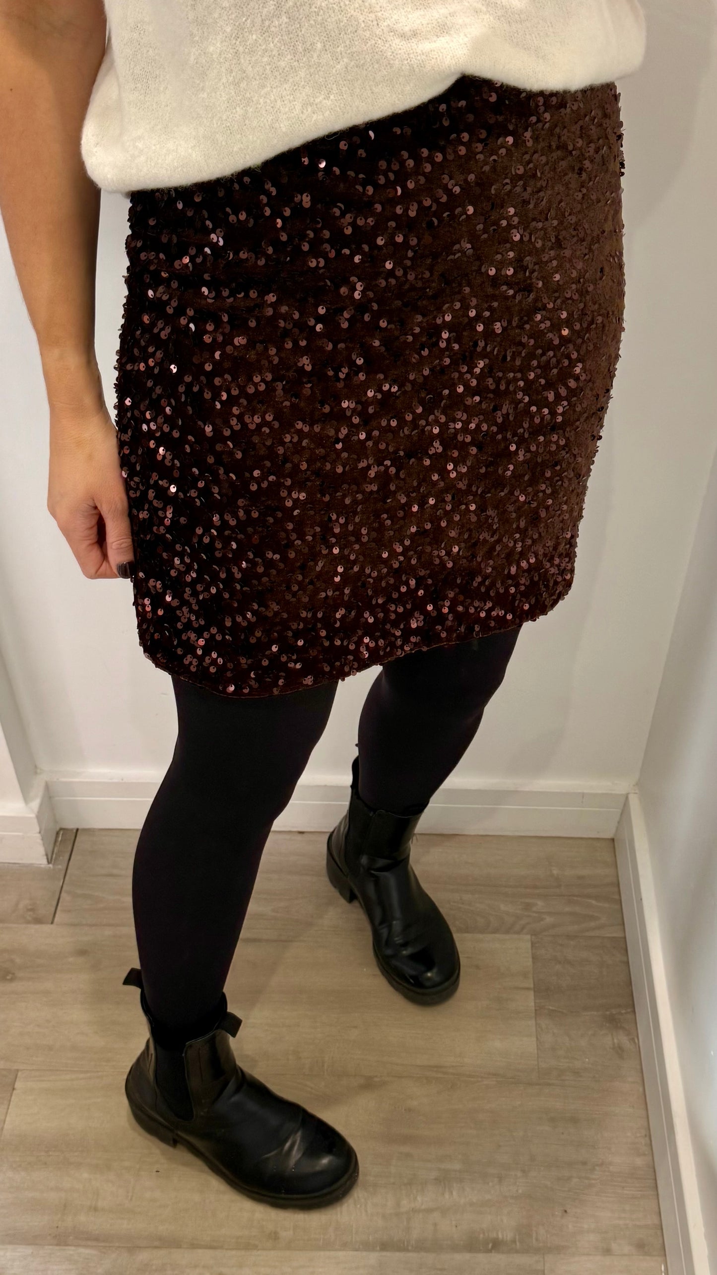 CHOCOLATE BROWN SEQUIN MINI SKIRT