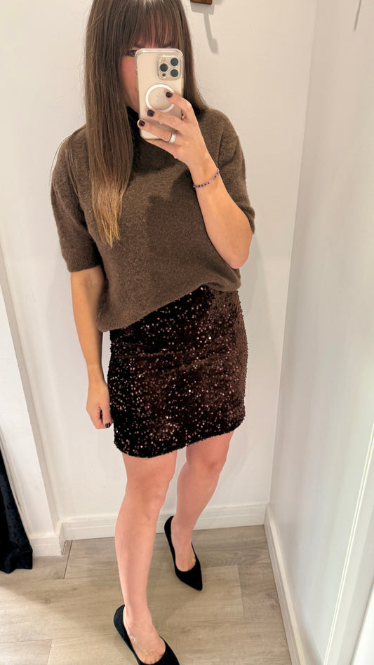 CHOCOLATE BROWN SEQUIN MINI SKIRT