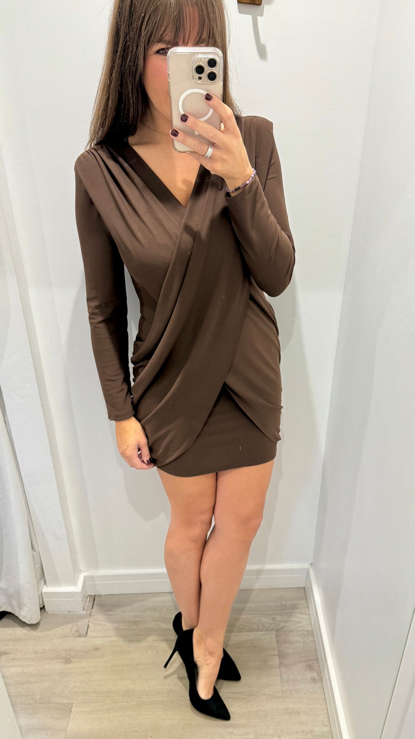 CHOCOLATE BROWN WRAP STYLE V NECK DRESS