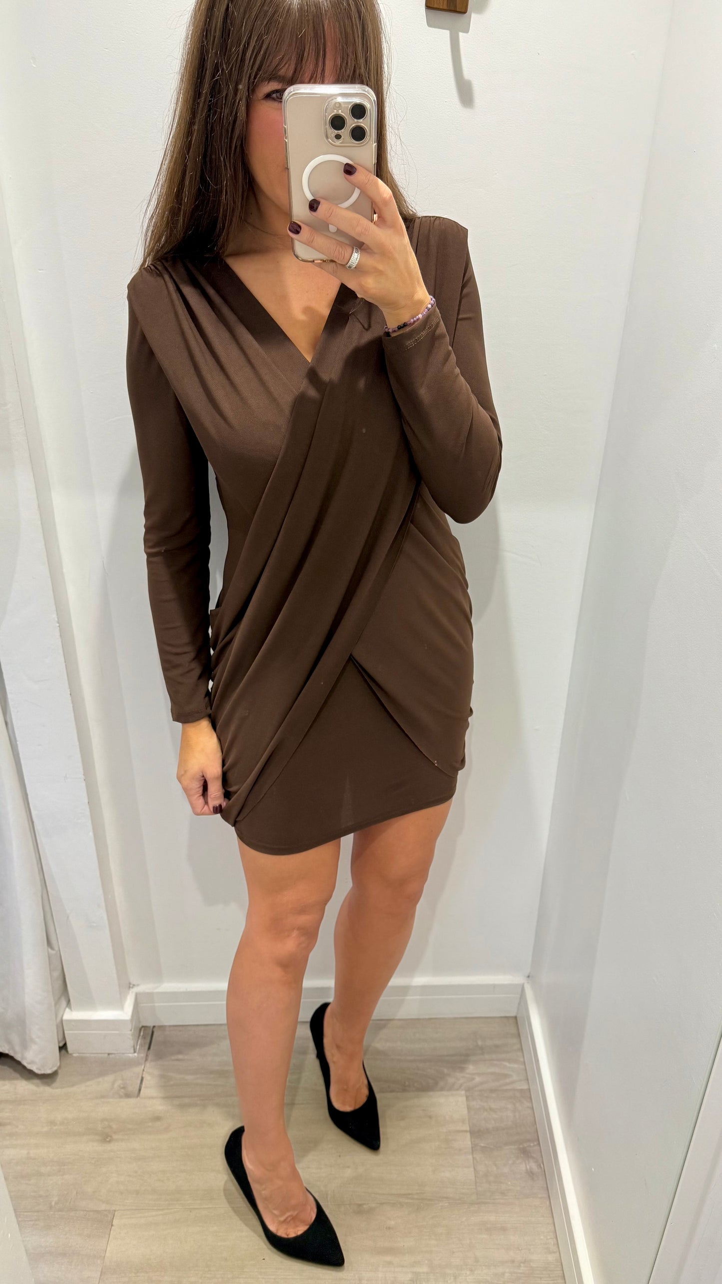 CHOCOLATE BROWN WRAP STYLE V NECK DRESS