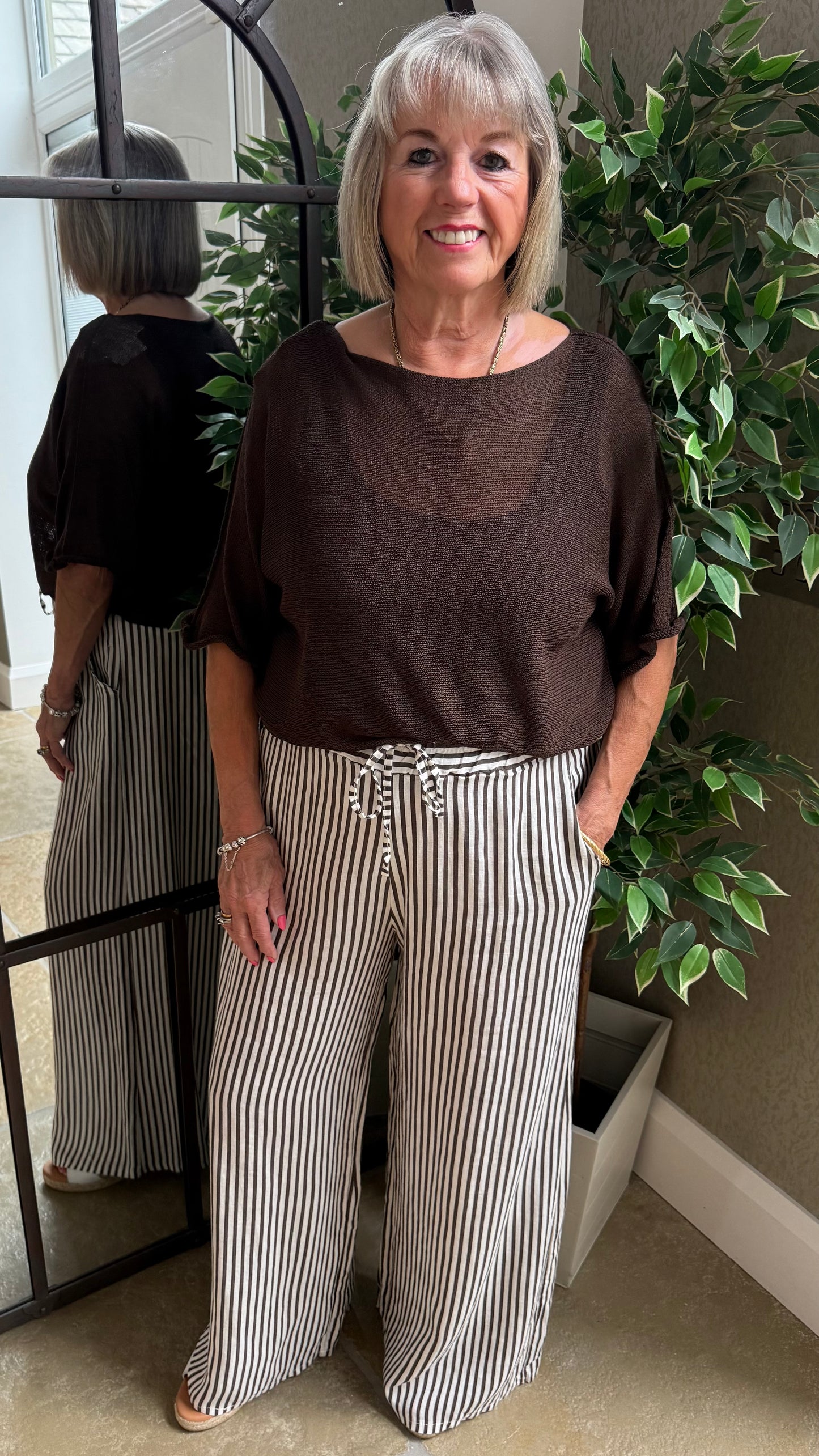 CHOCOLATE BROWN & WHITE STRIPE LINEN TROUSERS