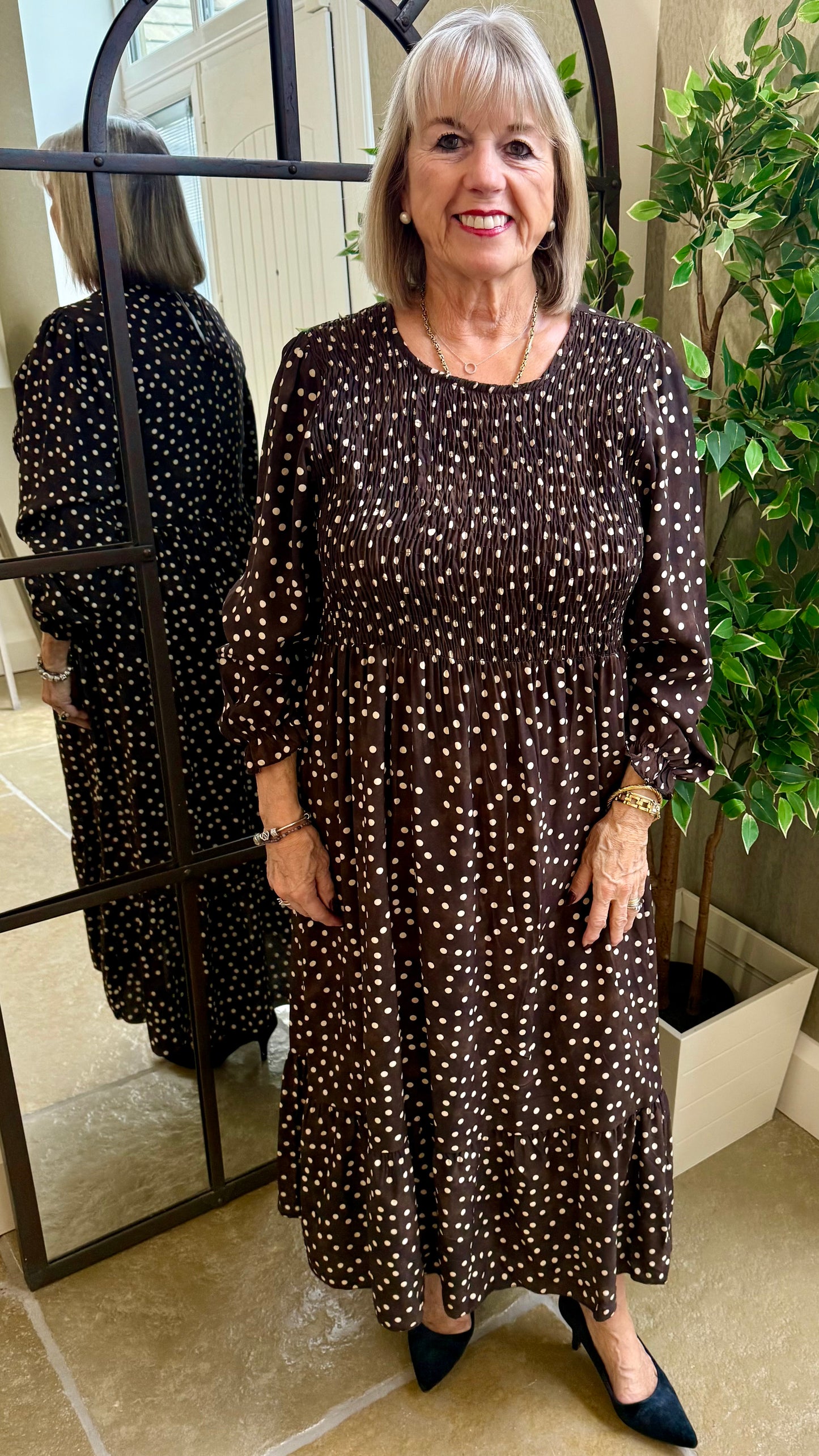 CHOCOLATE DOTTY SHIRRED DRESS