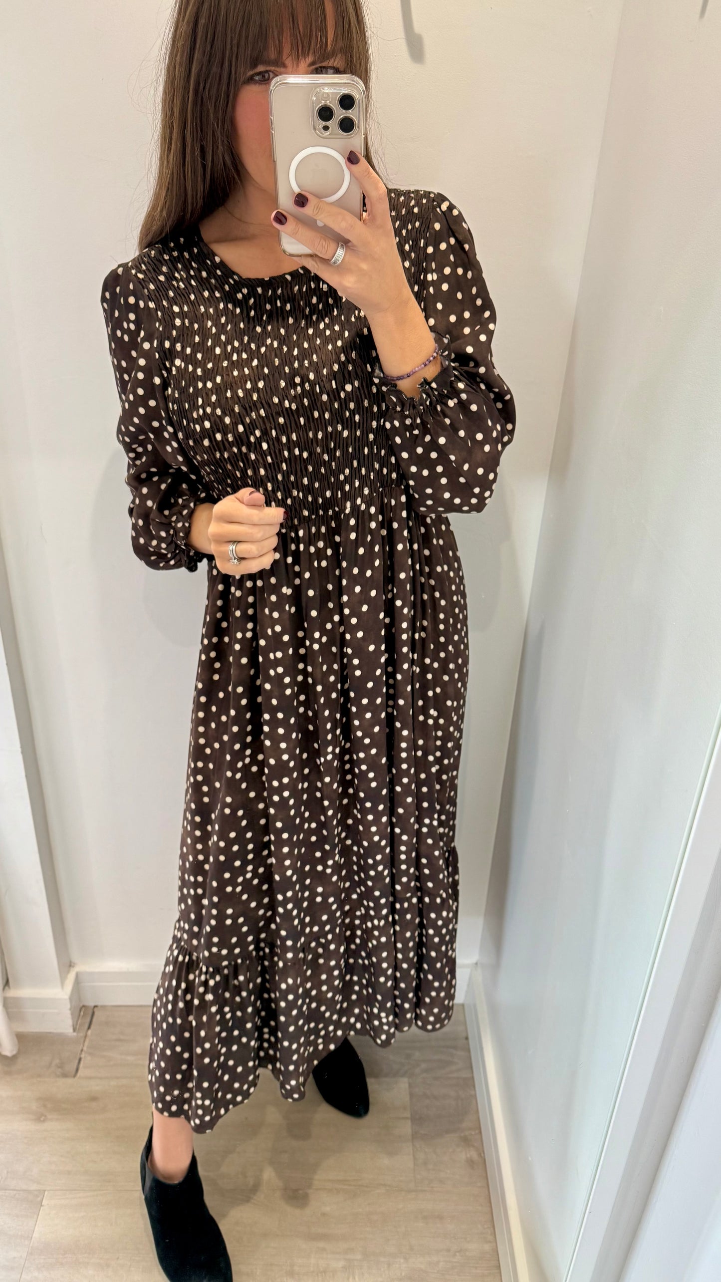 CHOCOLATE DOTTY SHIRRED DRESS