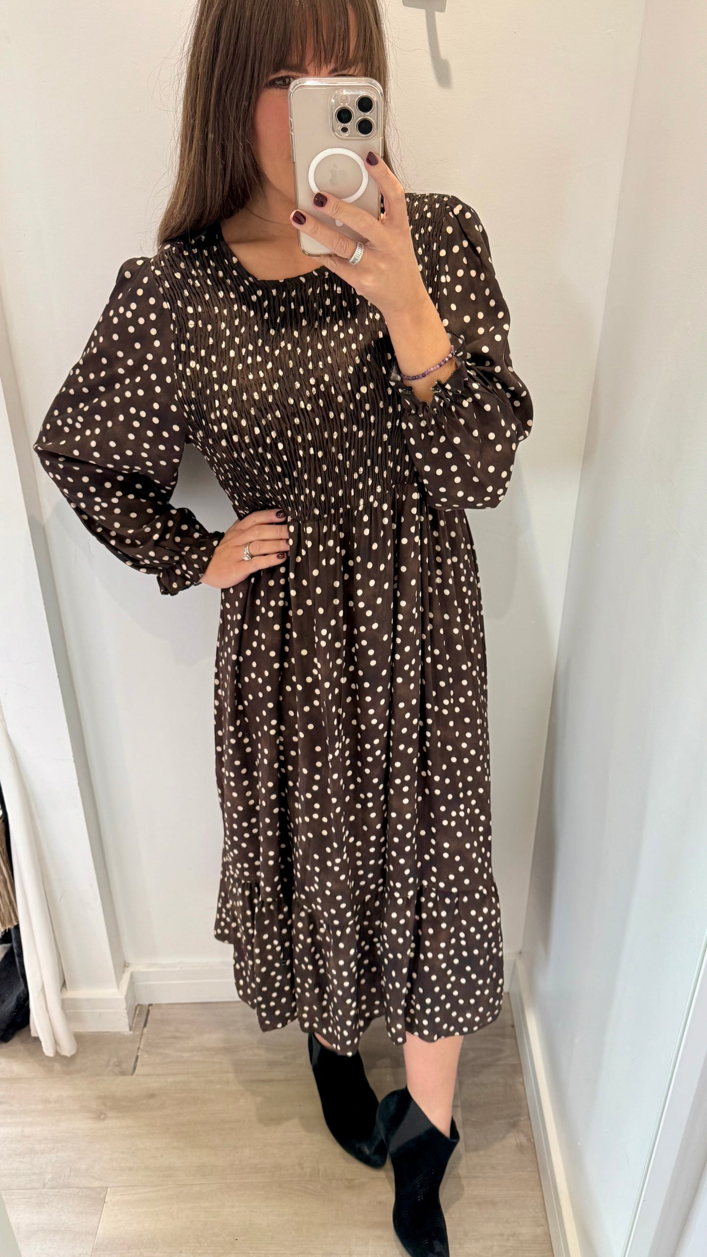CHOCOLATE DOTTY SHIRRED DRESS