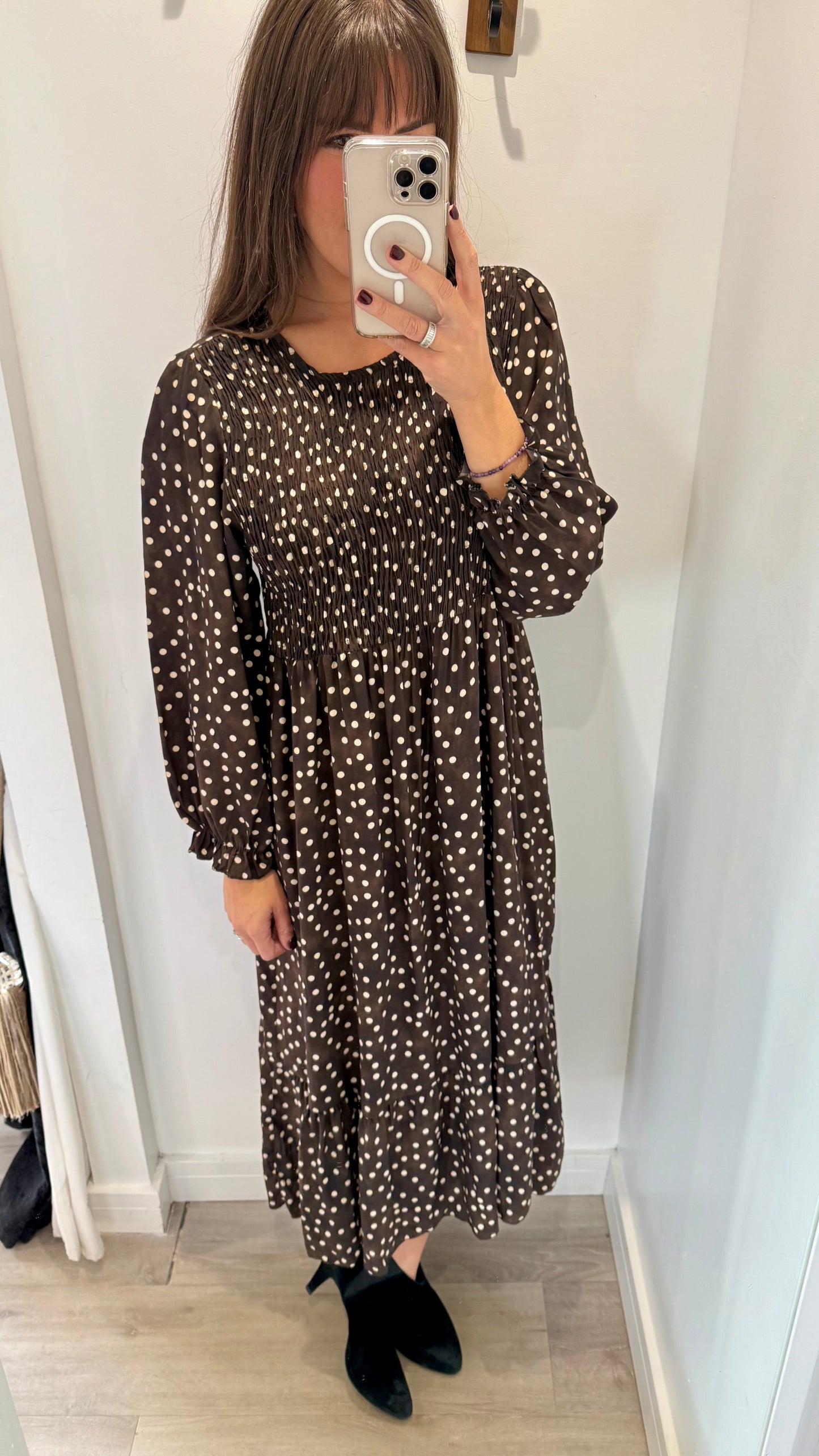 CHOCOLATE DOTTY SHIRRED DRESS