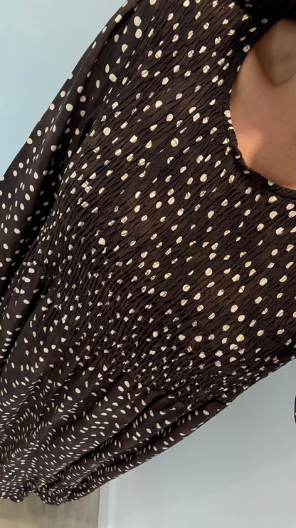 CHOCOLATE BROWN DOTTY SHIRRED DRESS