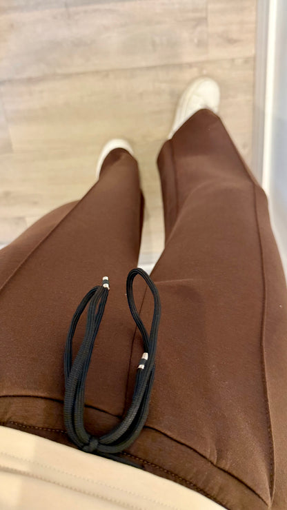 CHOCOLATE BROWN DRAWSTRING STRAIGHT LEG TROUSERS