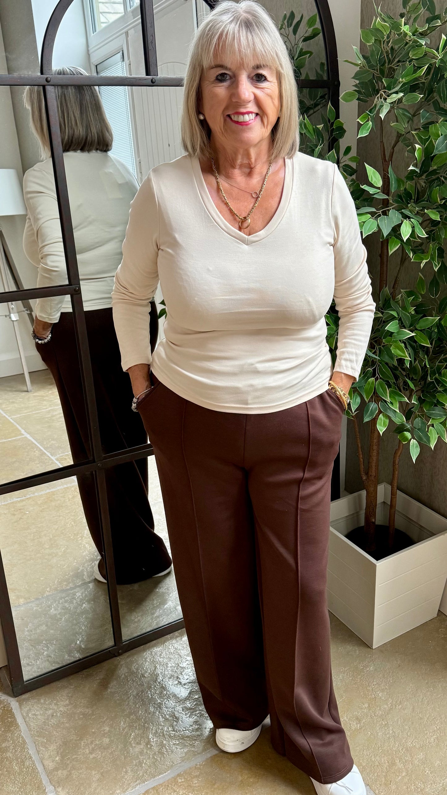 CHOCOLATE DRAWSTRING STRAIGHT LEG TROUSERS