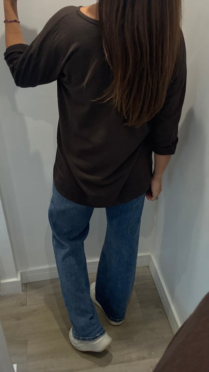 CHOCOLATE BROWN ROLL SLEEVE SWEAT