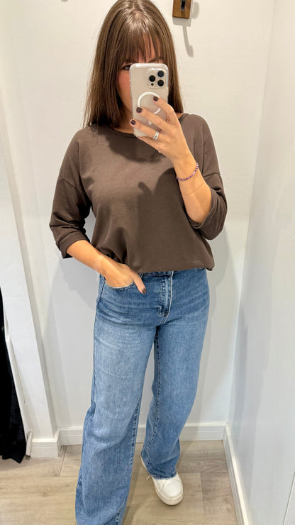 CHOCOLATE BROWN ROLL SLEEVE SWEAT