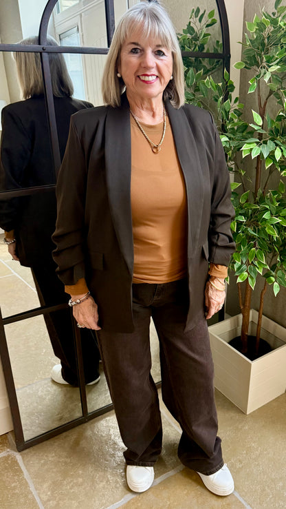 CHOCOLATE BROWN RUCHED SLEEVE BLAZER