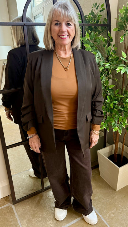 CHOCOLATE BROWN RUCHED SLEEVE BLAZER