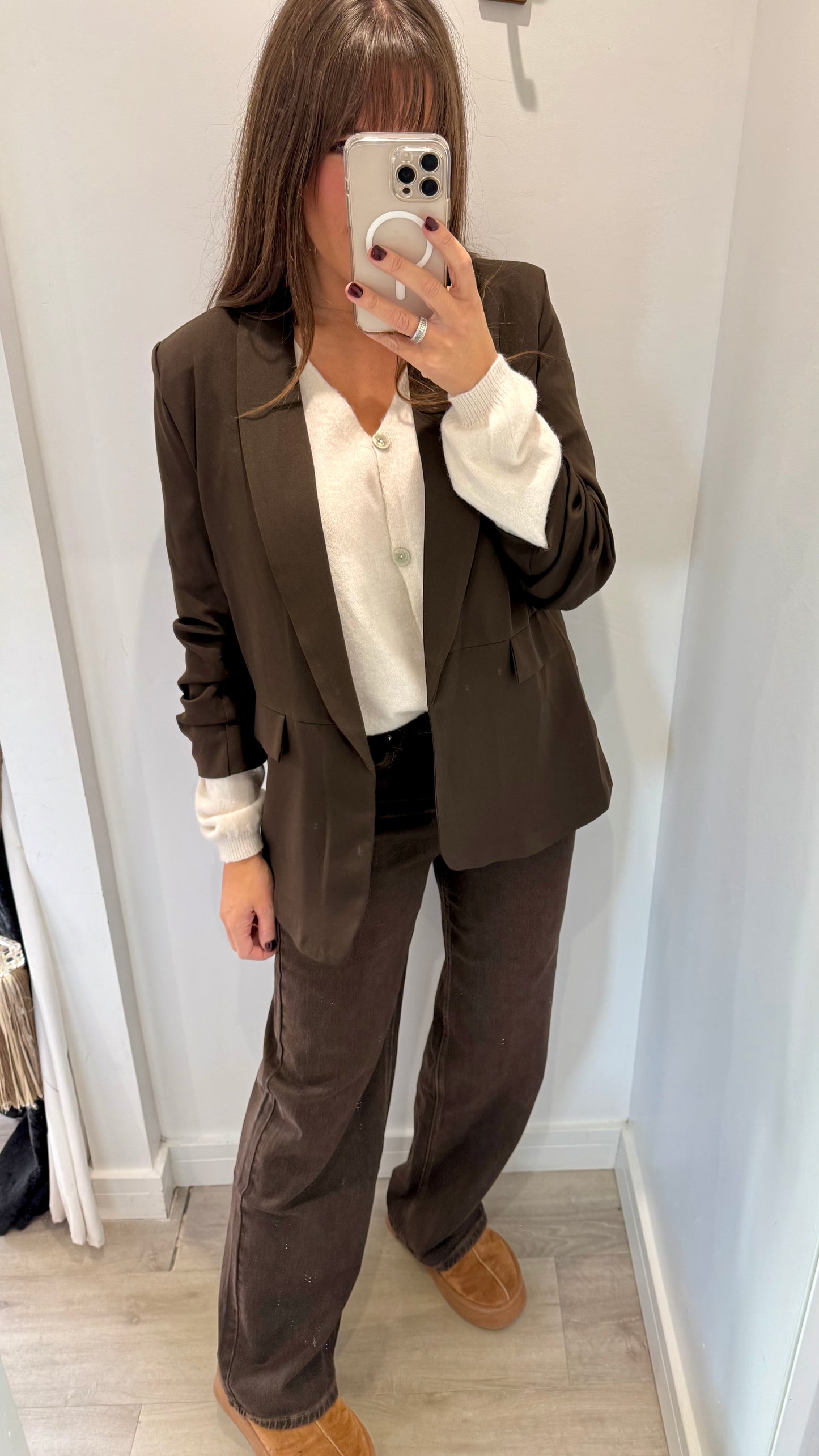 CHOCOLATE RUCHED SLEEVE BLAZER
