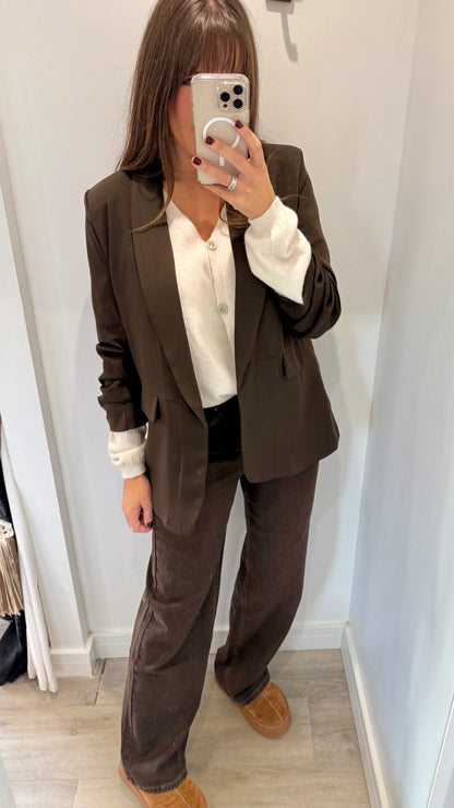 CHOCOLATE BROWN RUCHED SLEEVE BLAZER