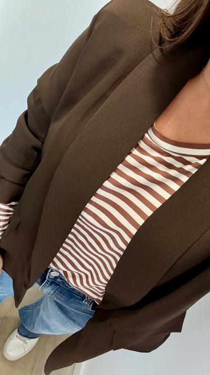 CHOCOLATE BROWN RUCHED SLEEVE BLAZER