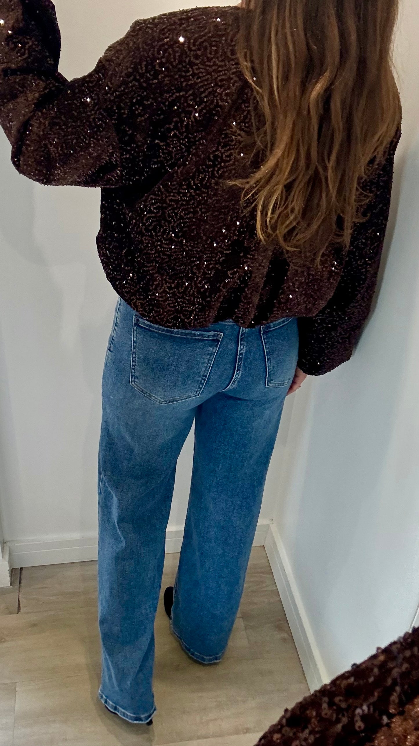 CHOCOLATE SEQUIN BOMBER JACKET